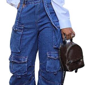 Baggy Cargo Women Adjustable Bib Apron Pants with Side Buttons, Multi-pockets